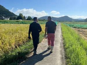 農業支援・相談業務の風景。スーツを着た企業担当者と作業着姿の農業従事者が、黄金色の稲田と緑の畑が広がるあぜ道を並んで歩き、営農について対話する様子。山々を背景にした日本の農村地域