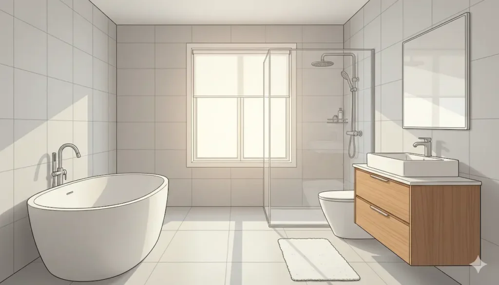 明るく清潔感のあるモダンなバスルームのイラスト。白い独立型バスタブ、ガラス張りのシャワーブース、木目調の洗面台キャビネット、白い便器が配置されている。淡いグレーのタイル壁面と大きな窓から差し込む自然光が、開放的で落ち着いた空間を演出している。