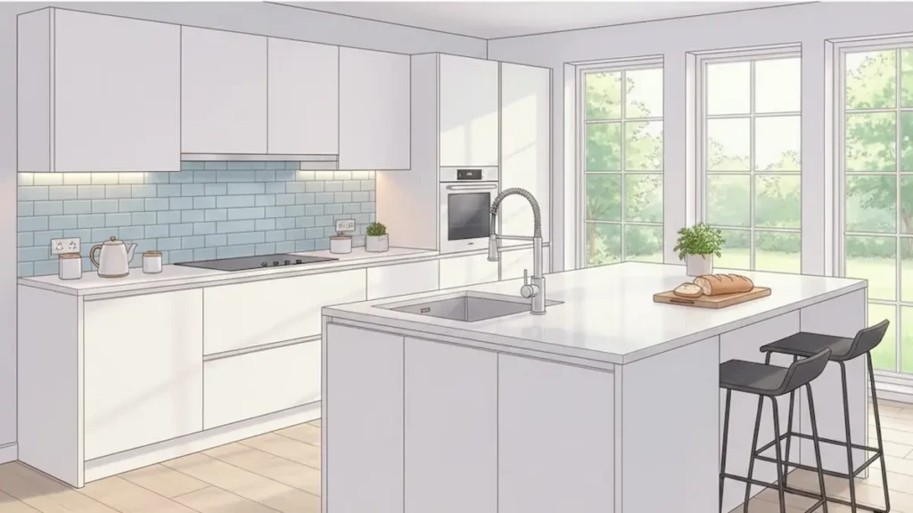 明るく清潔感のある白を基調としたモダンなキッチンのイラスト。中央にアイランドキッチンが配置され、シンクとバーチェアが設置されている。壁面には水色のタイルが施され、白い吊り戸棚とビルトインオーブンが備え付けられている。大きな窓から自然光が差し込み、緑の景色が見える明るい空間。