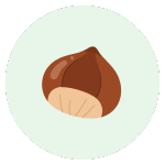 茶色の栗のアイコン。淡い緑色の円形背景に配置されている。