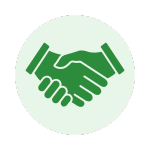 緑色の握手のアイコン。淡い緑色の円形背景に配置されている。