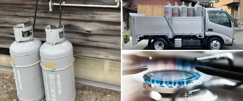LPガス供給サービスの全体像。左：設置されたプロパンガスボンベ、右上：LPガス配送トラック、右下：ガスコンロの青い炎。ガスの供給から利用までを表現した事業紹介写真
